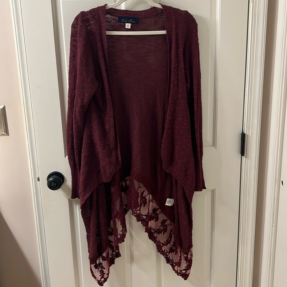 Small “Blue Rain” Plum Long Cardigan with Lace-like Detail at Bottom